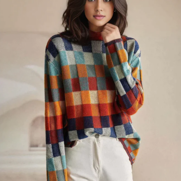 Women's Knit Sweater with Multicolor Plaid Pattern - Oversized Fit