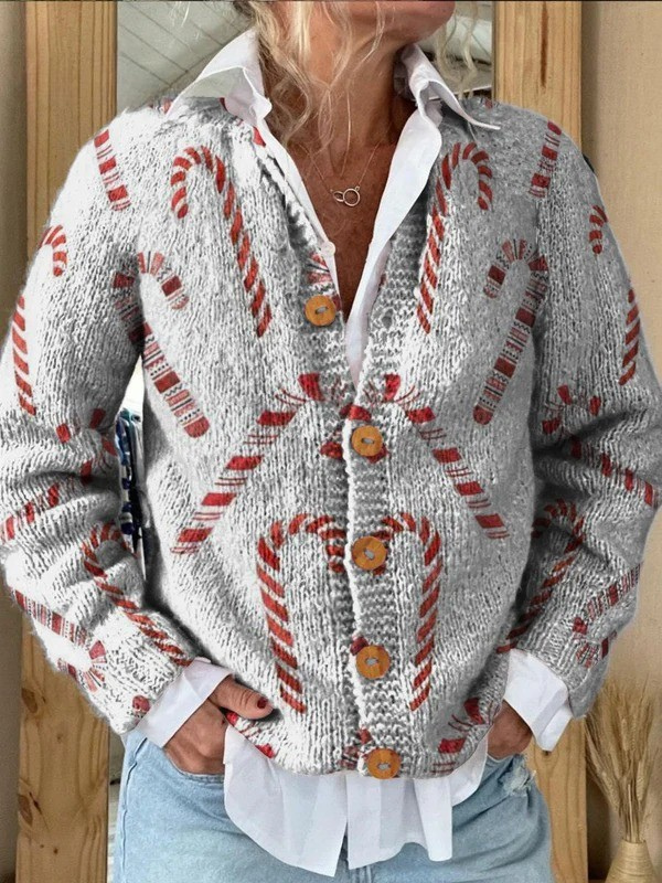 Women's Festive Knit Cardigan with Candy Cane Pattern - Christmas Cardigan