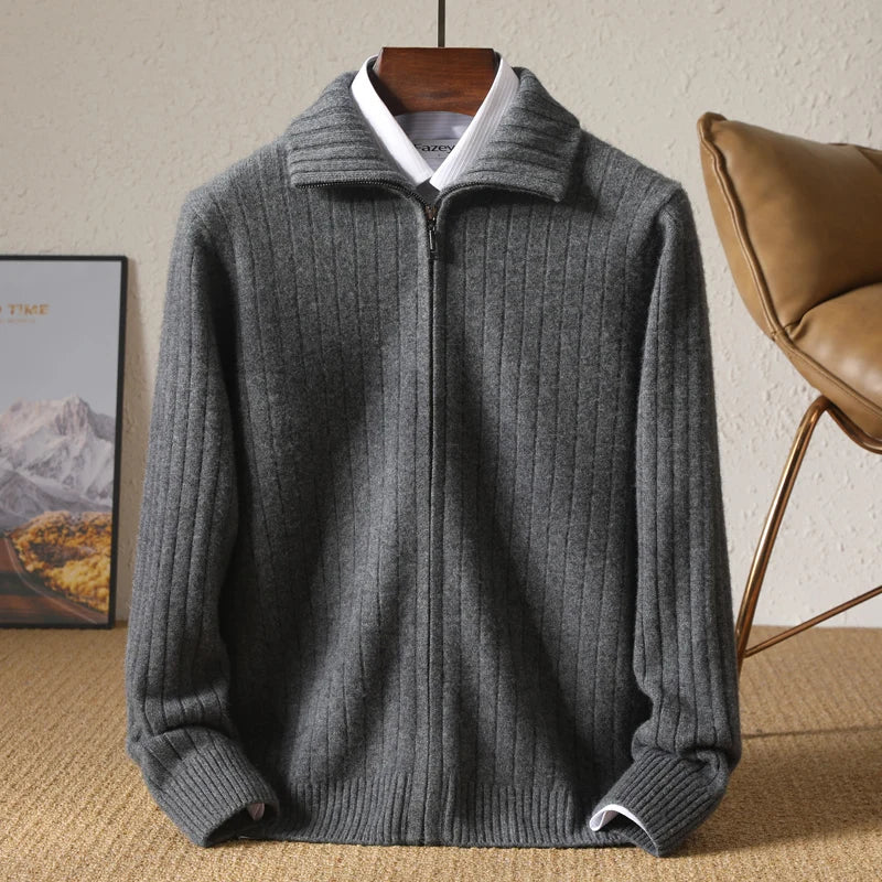 Men's Merino Wool Cardigan with Stand Collar and Zipper