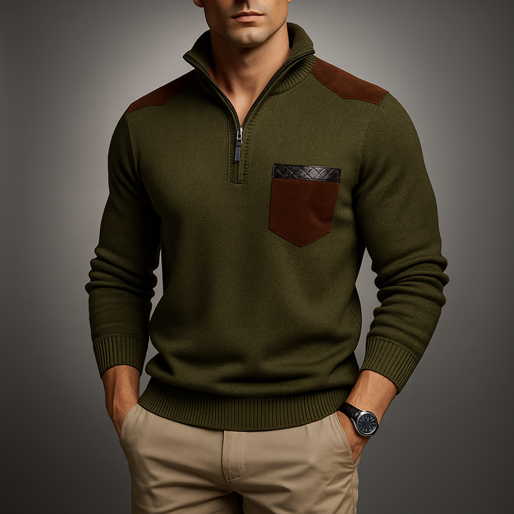 Men's Quarter-Zip Pullover with Contrast Details - High Collar and Modern Fit