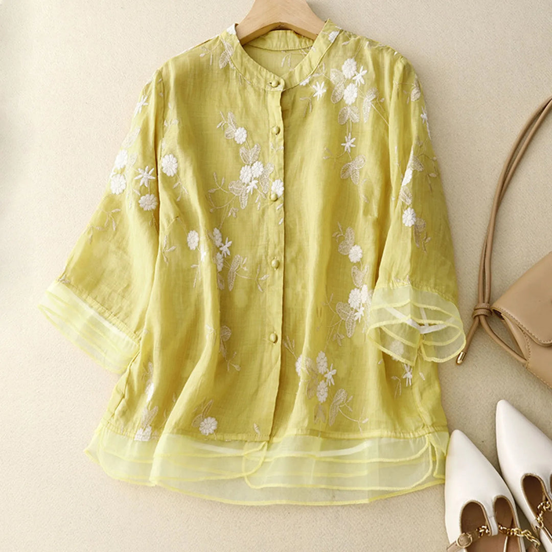 Elegant Women's Blouse with Floral Embroidery and Mesh Details - Airy Linen Blend