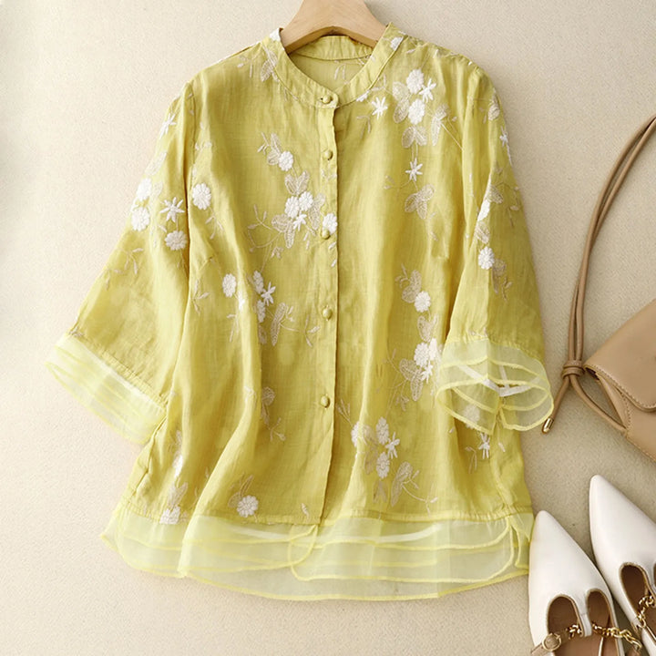 Elegant Women's Blouse with Floral Embroidery and Mesh Details - Airy Linen Blend