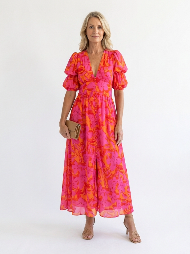 Elegant Floral Women's V-Neck Puff Sleeve Midi Dress