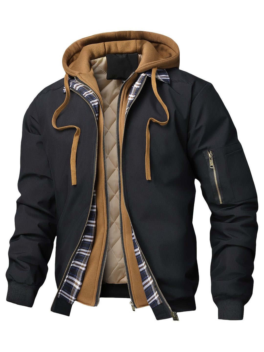 Brown and checkered plaid jacket for men with zip closure and lined design