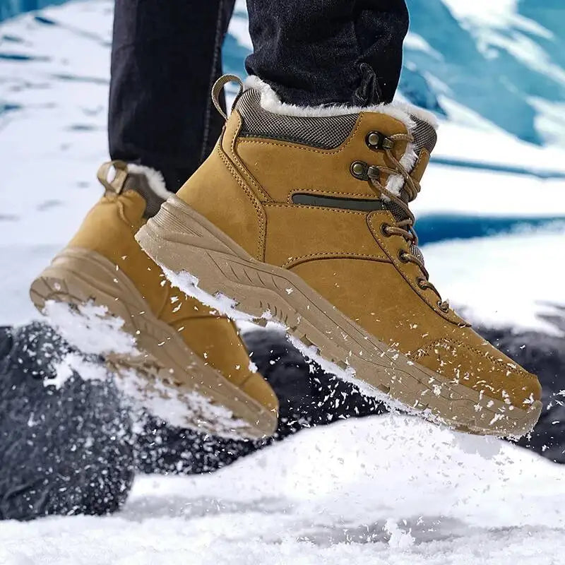 Men's Warm Winter Boots with Faux Fur Upper - Ankle-High Lace-Up Boots