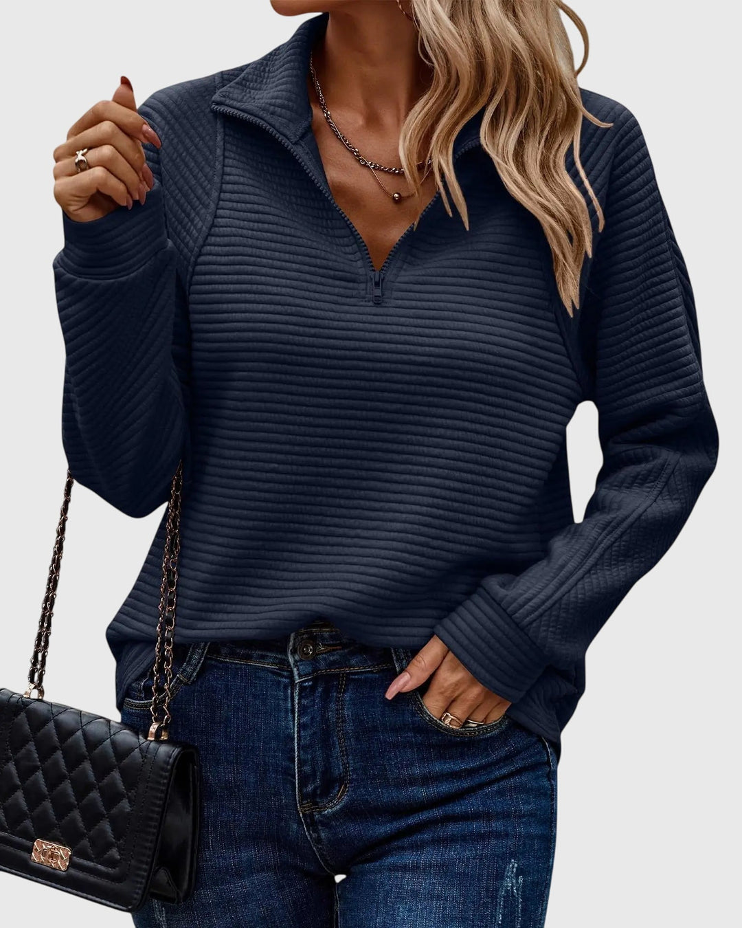 Elegant Women's Pullover with Zipper and V-Neck