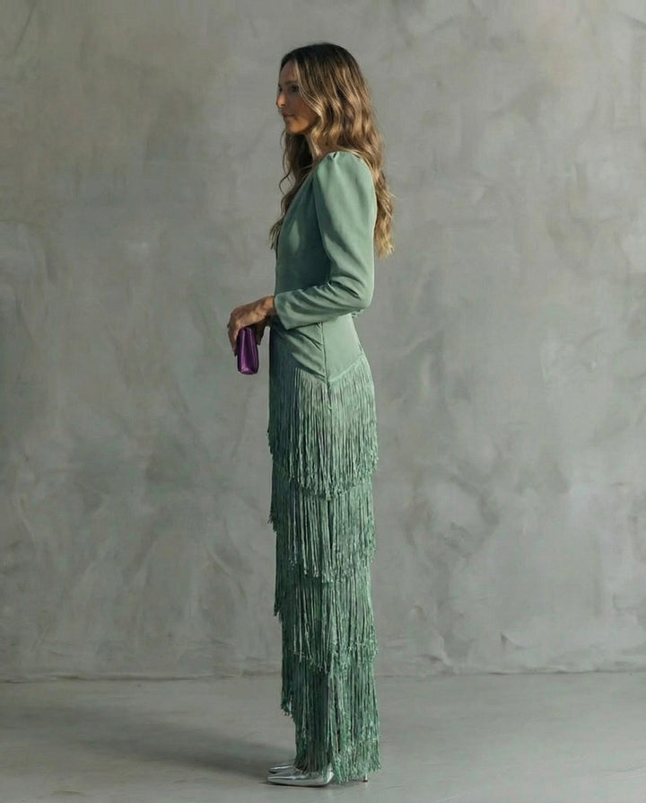 Elegant Fringe Sleeve Women Midi Wedding Guest Dress