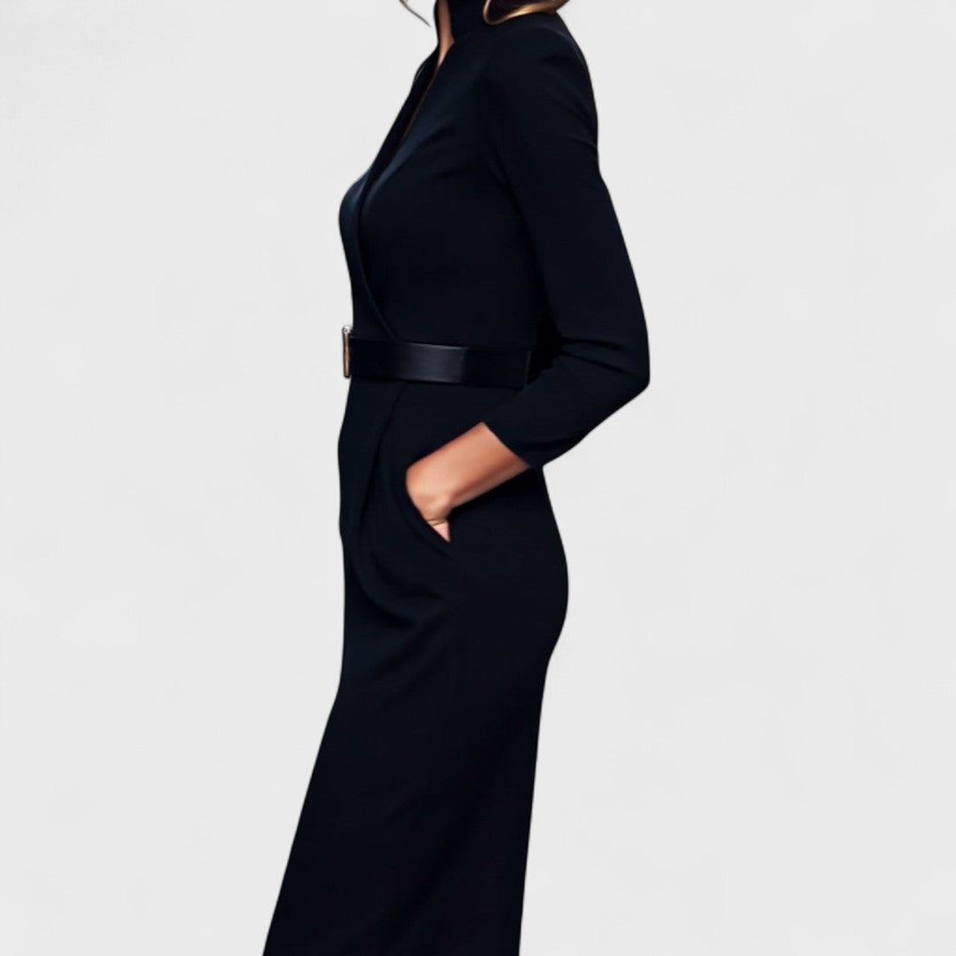Elegant Women's Dress with Belt and Stand Collar