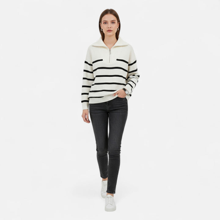 Women's Striped Polo Sweater with Half-Zip - Elegant Fall Fashion