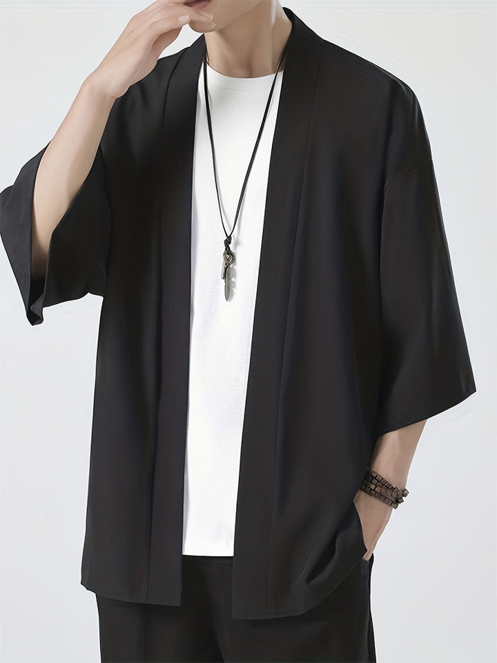 Traditional Men's Japanese-Style Kimono - Elegant Open-Front Jacket