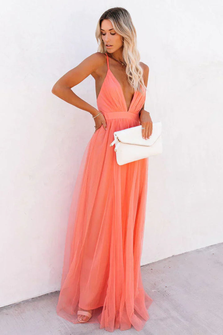 Elegant Flowing Women's Maxi Dress with V-Neck and Spaghetti Straps