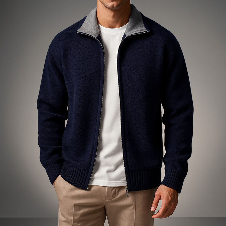 Men's Knit Zip Cardigan with Mock Neck for Business and Casual Wear