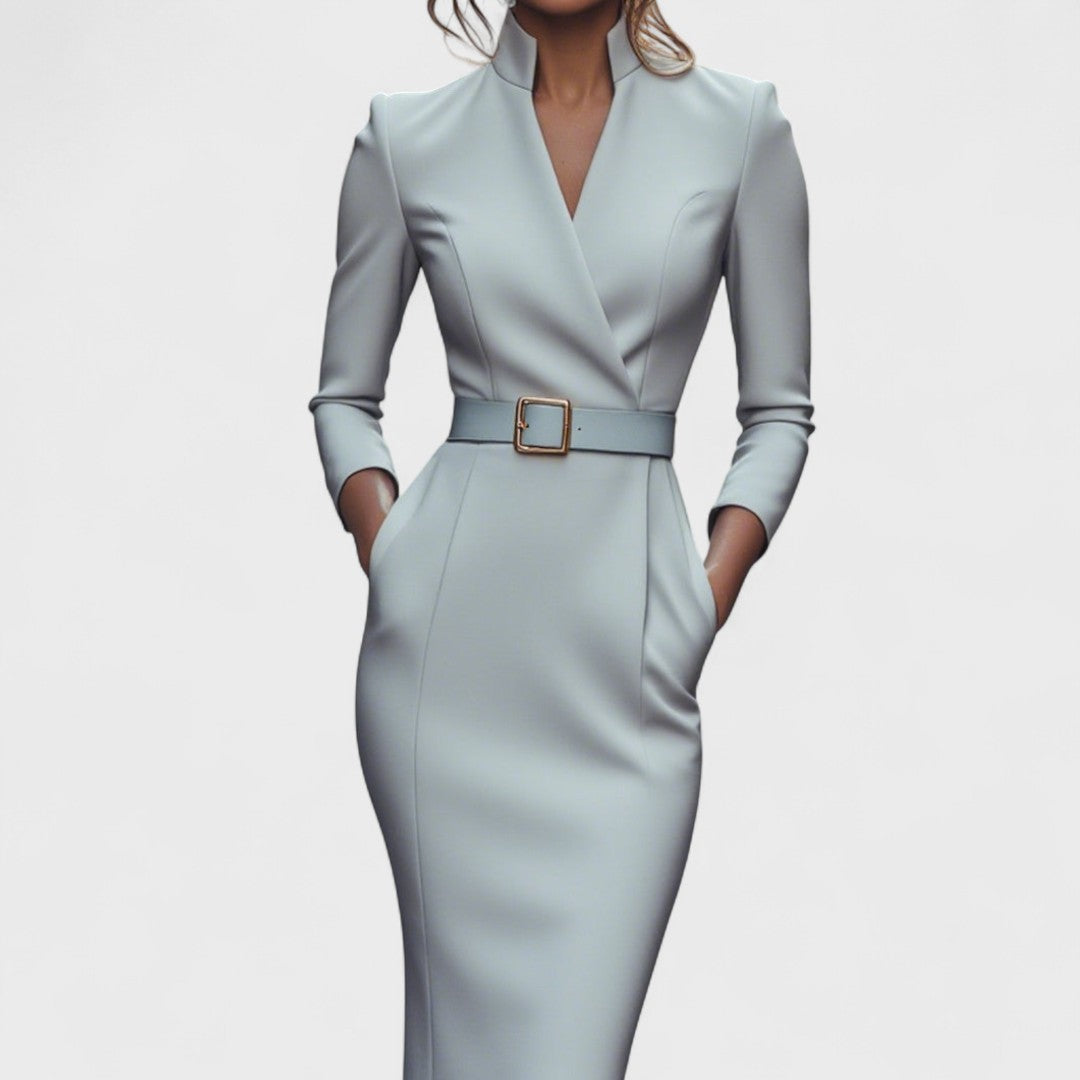 Elegant Women's Dress with Belt and Stand Collar