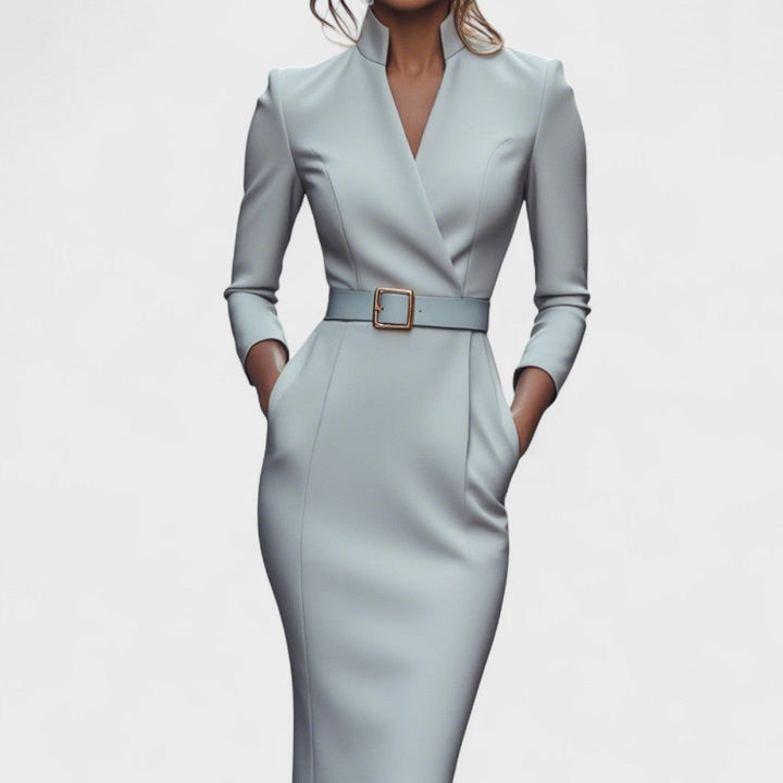 Elegant Women's Dress with Belt and Stand Collar