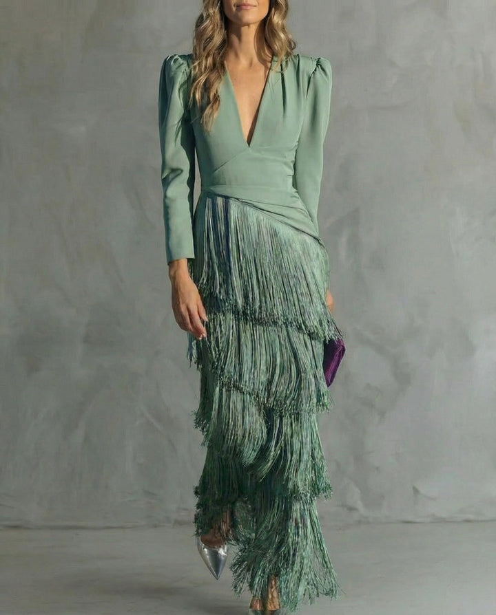Elegant Fringe Sleeve Women Midi Wedding Guest Dress