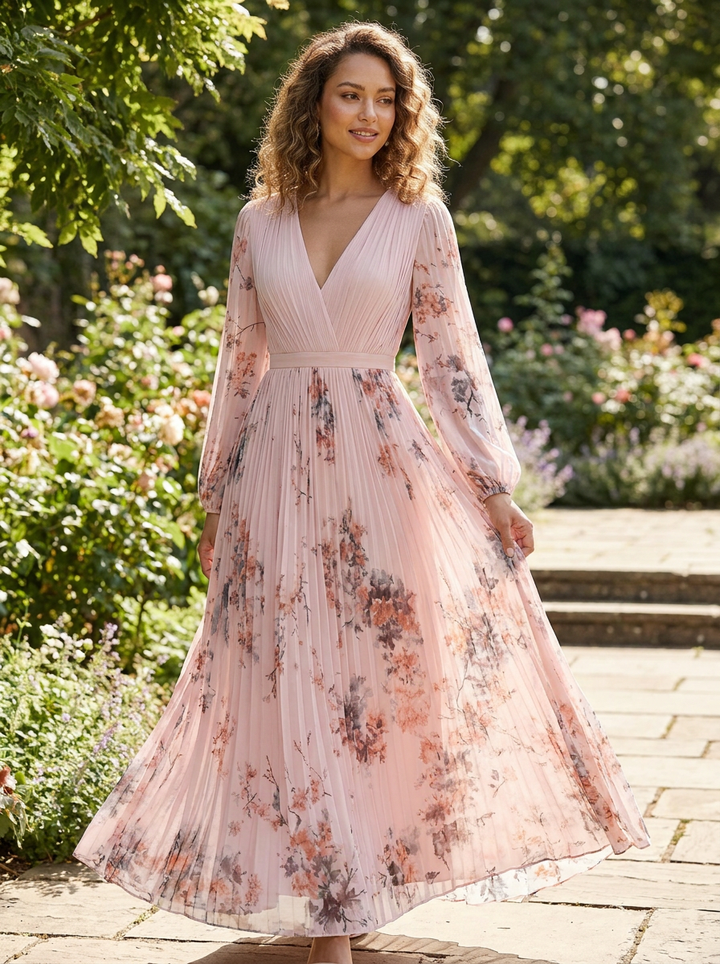 Elegant Pleated Women's Midi Dress with V-Neck