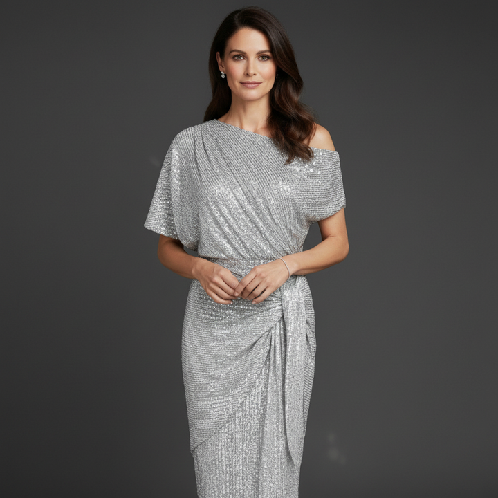 Elegant Sequin Cocktail Dress for Women with Asymmetric Shoulder