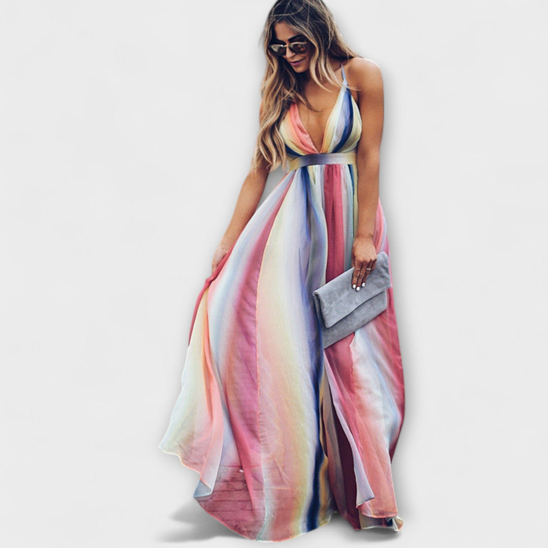 Multicolor Striped Women's Maxi Dress with V-Neck - Elegant Summer Dress
