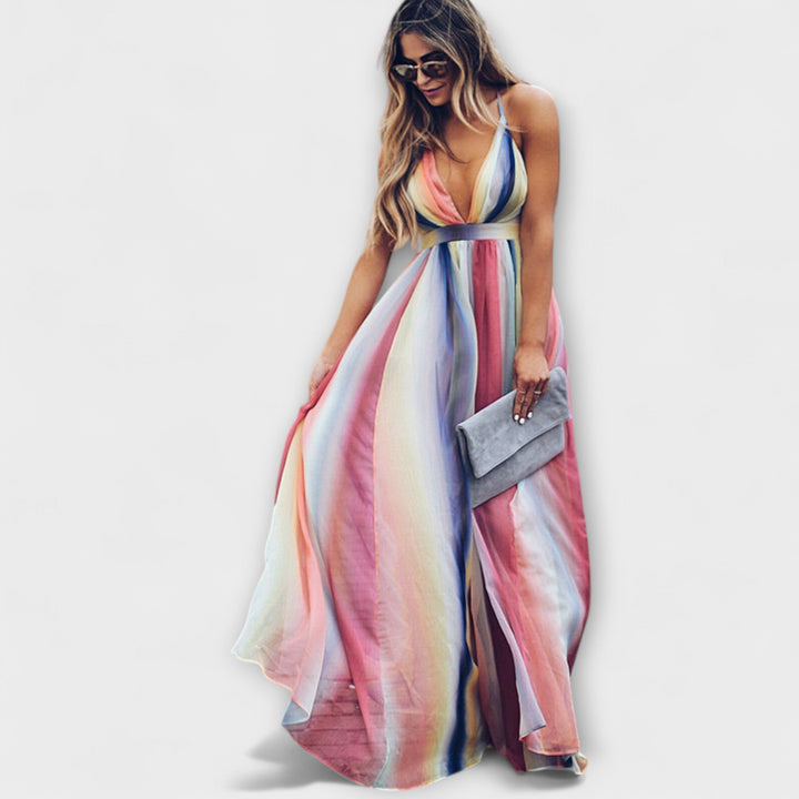 Multicolor Striped Women's Maxi Dress with V-Neck - Elegant Summer Dress