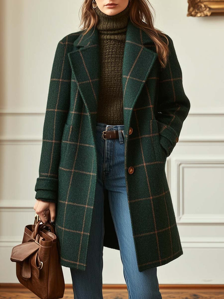 Elegant Women's Tweed Coat with Plaid Pattern and Lapels - Retro Wool Coat