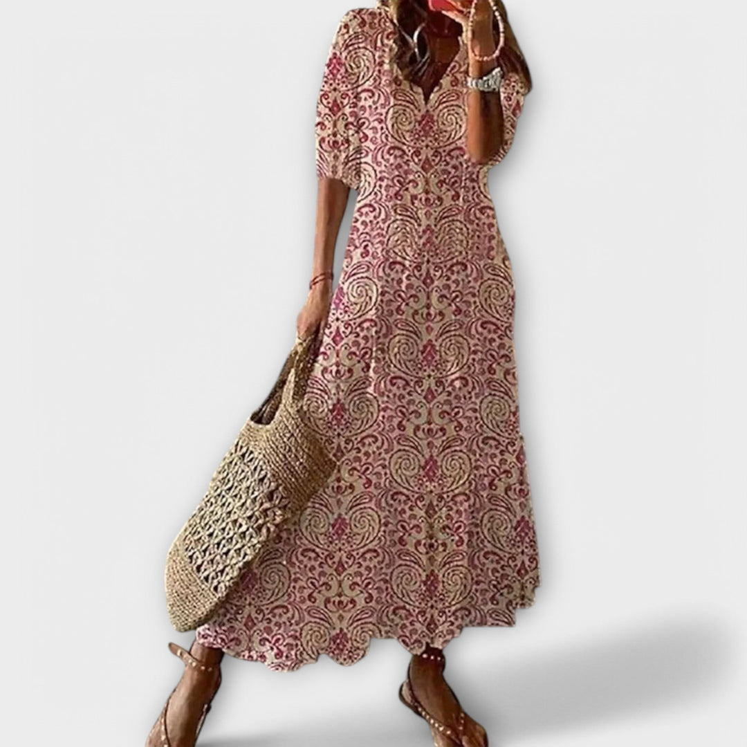 Women's Bohemian Maxi Dress with V-Neckline - Lightweight Summer Dress