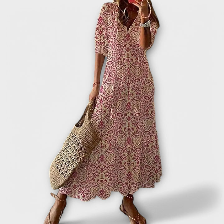 Women's Bohemian Maxi Dress with V-Neckline - Lightweight Summer Dress
