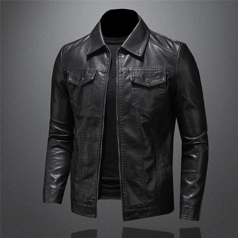 Classic Men's Leather Jacket with Zipper