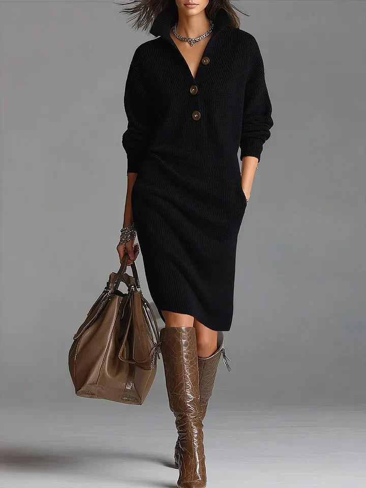 Elegant Women's Knit Dress with Collar and Button Details - Long Sleeve Winter