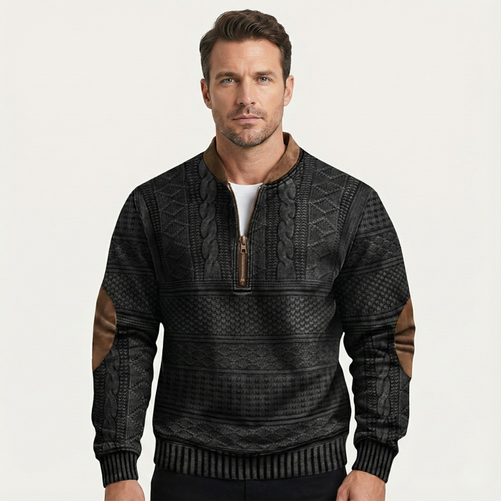 Stylish Casual Men's Half Zip Sweater with Elbow Patches