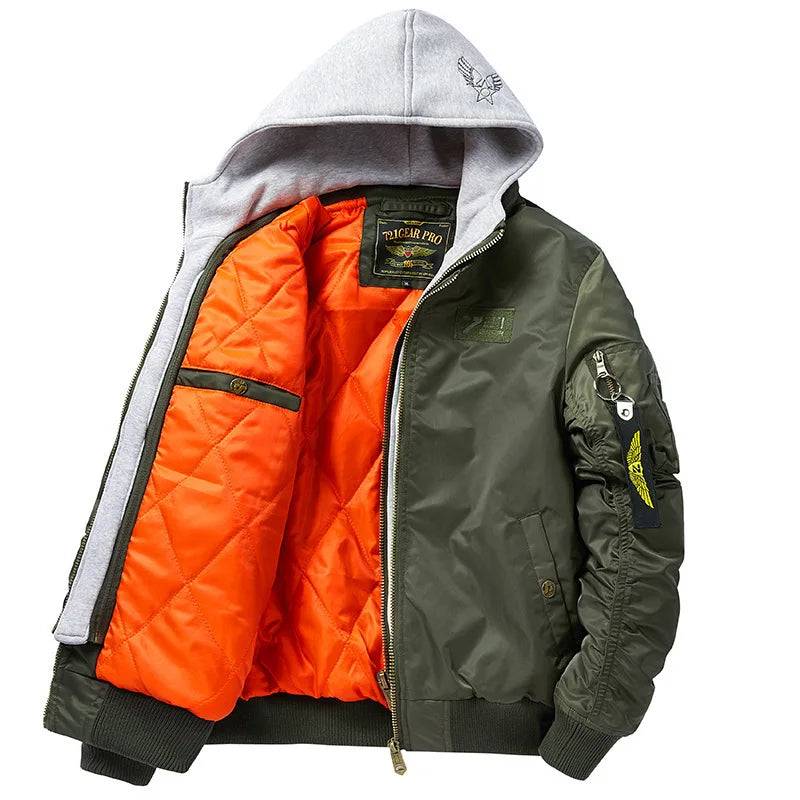 Men's Hooded Bomber Jacket - Military Style Windbreaker with Multiple Pockets