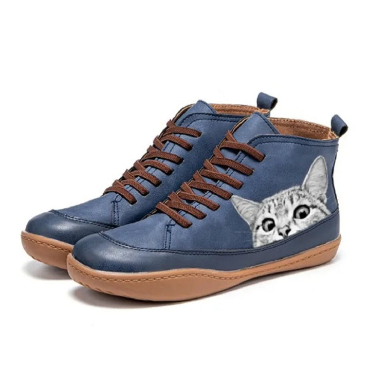 Women's Leather Ankle Boots with Cat Design - Warm-Lined Winter Boots