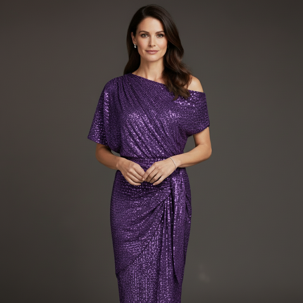 Elegant Sequin Cocktail Dress for Women with Asymmetric Shoulder