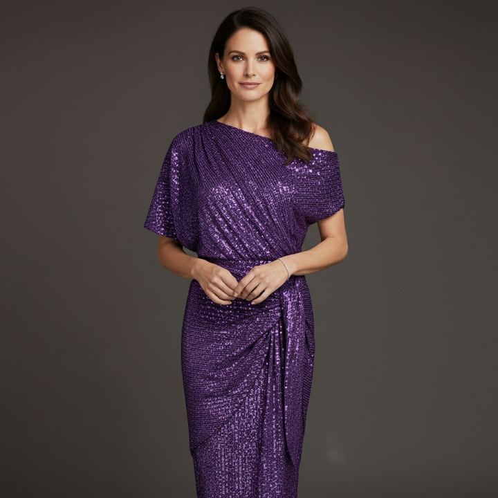 Elegant Sequin Cocktail Dress for Women with Asymmetric Shoulder