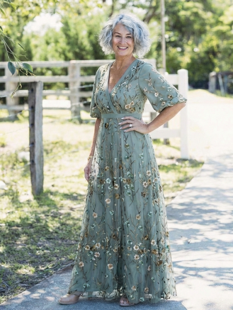 Elegant Floral Women's V-Neck Short Sleeve Maxi Dress