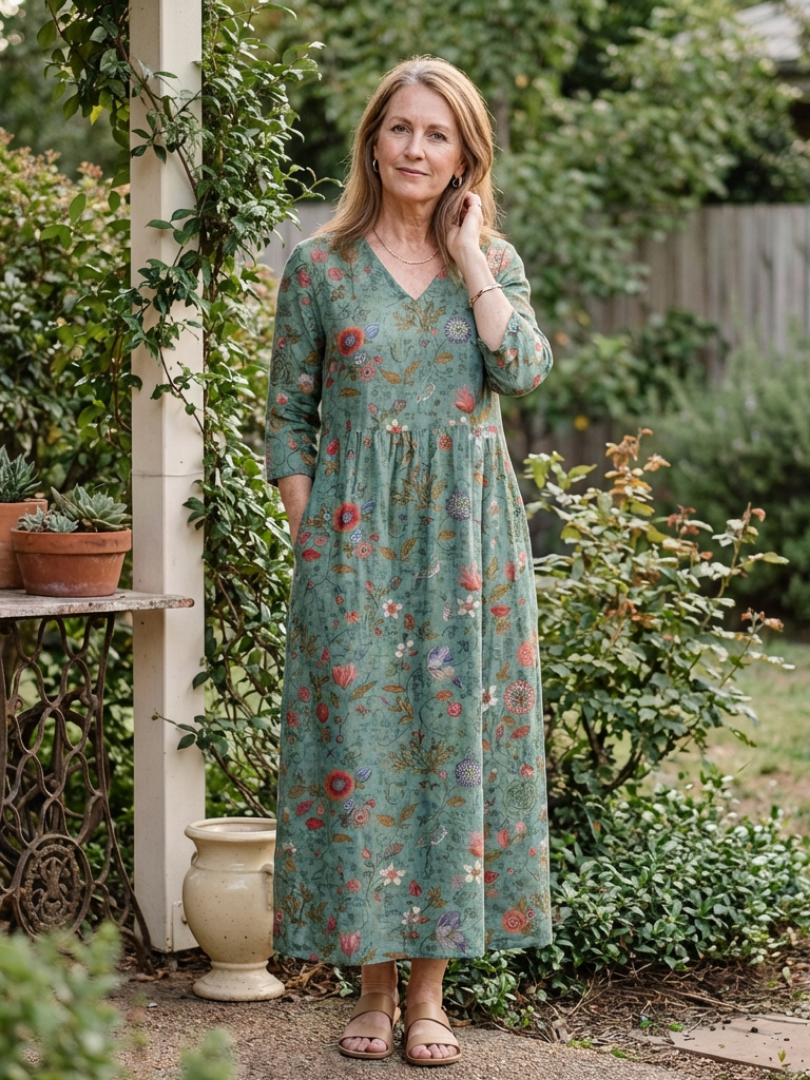 Elegant Breathable Women's Floral V-Neck Three Quarter Sleeve Maxi Dress