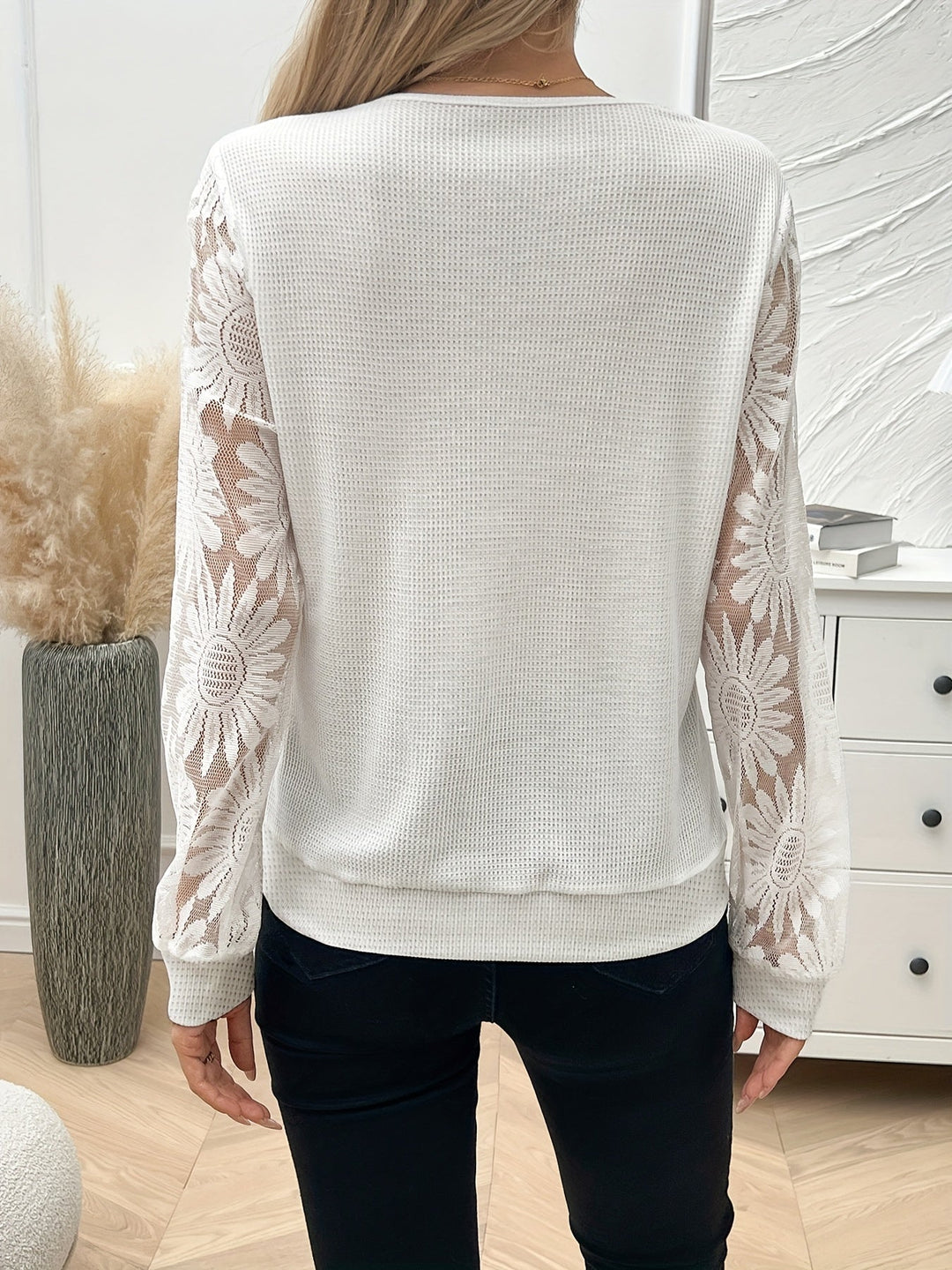 Women's Floral Lace V-Neck Knit Pullover - Lightweight Sweater with Crochet Details