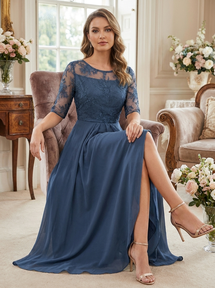 Elegant Festive Women's Chiffon Maxi Dress with Lace Bodice and 3/4 Sleeves