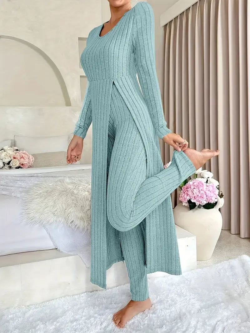 Women's Ribbed Set in Soft Rib Knit - Long Sleeve Top with Matching Pants