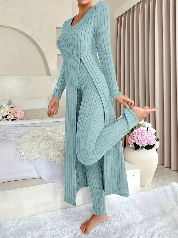 Women's Ribbed Set in Soft Rib Knit - Long Sleeve Top with Matching Pants