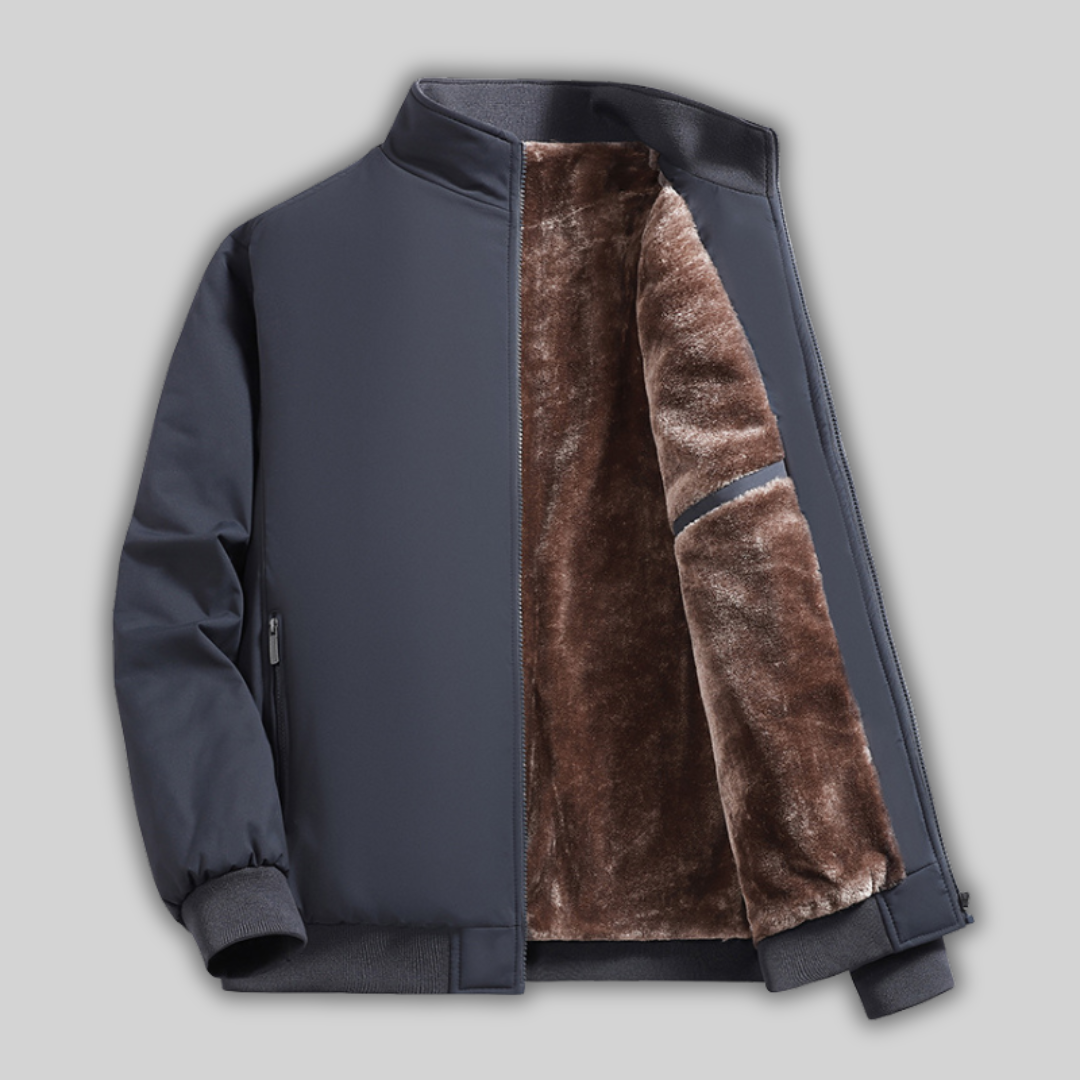 Men's Warm Fleece Winter Jacket - Lined Stand Collar Jacket with Zipper