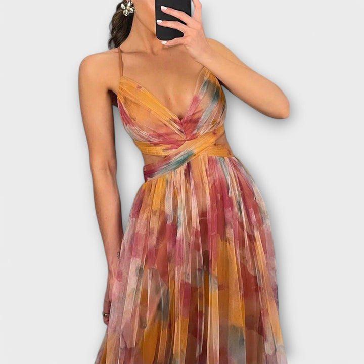Elegant Women's Printed Mesh Maxi Dress - Figure-Hugging Fit
