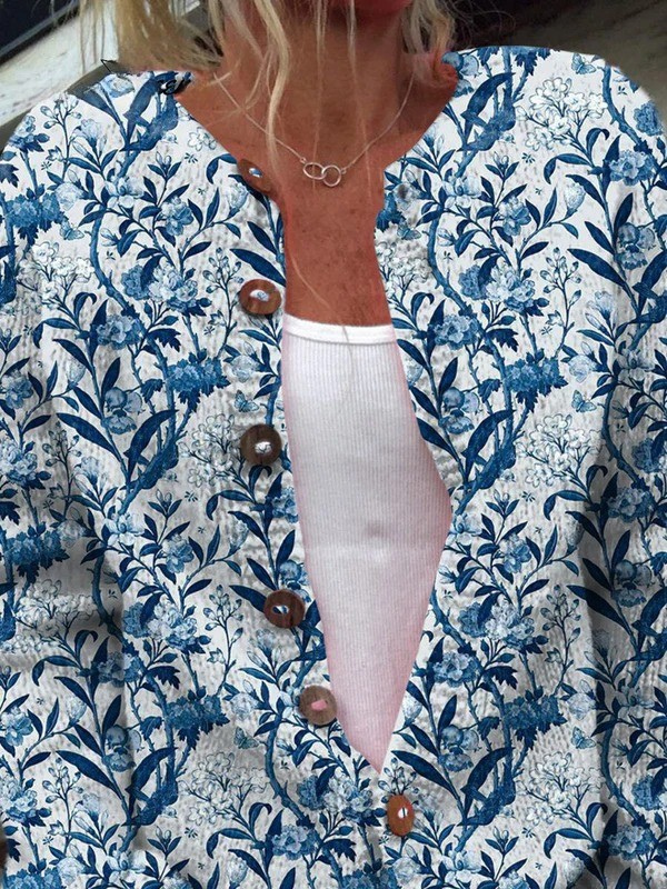 Elegant Women's Knit Cardigan with Blue and White Floral Pattern - Classic Cardigan