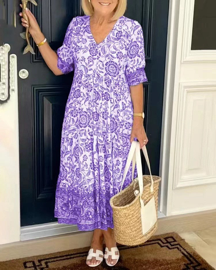 Elegant Breathable Women's V-Neck Floral Dress