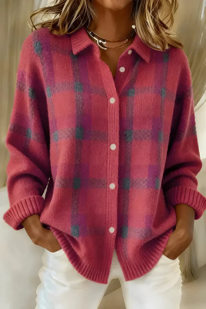 Women's Plaid Knit Blouse with Button Placket