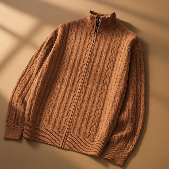 Men's Zip Cardigan with Textured Knit - High Collar
