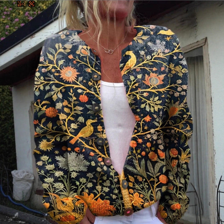 Elegant Women's Knit Cardigan with Vintage Floral Pattern