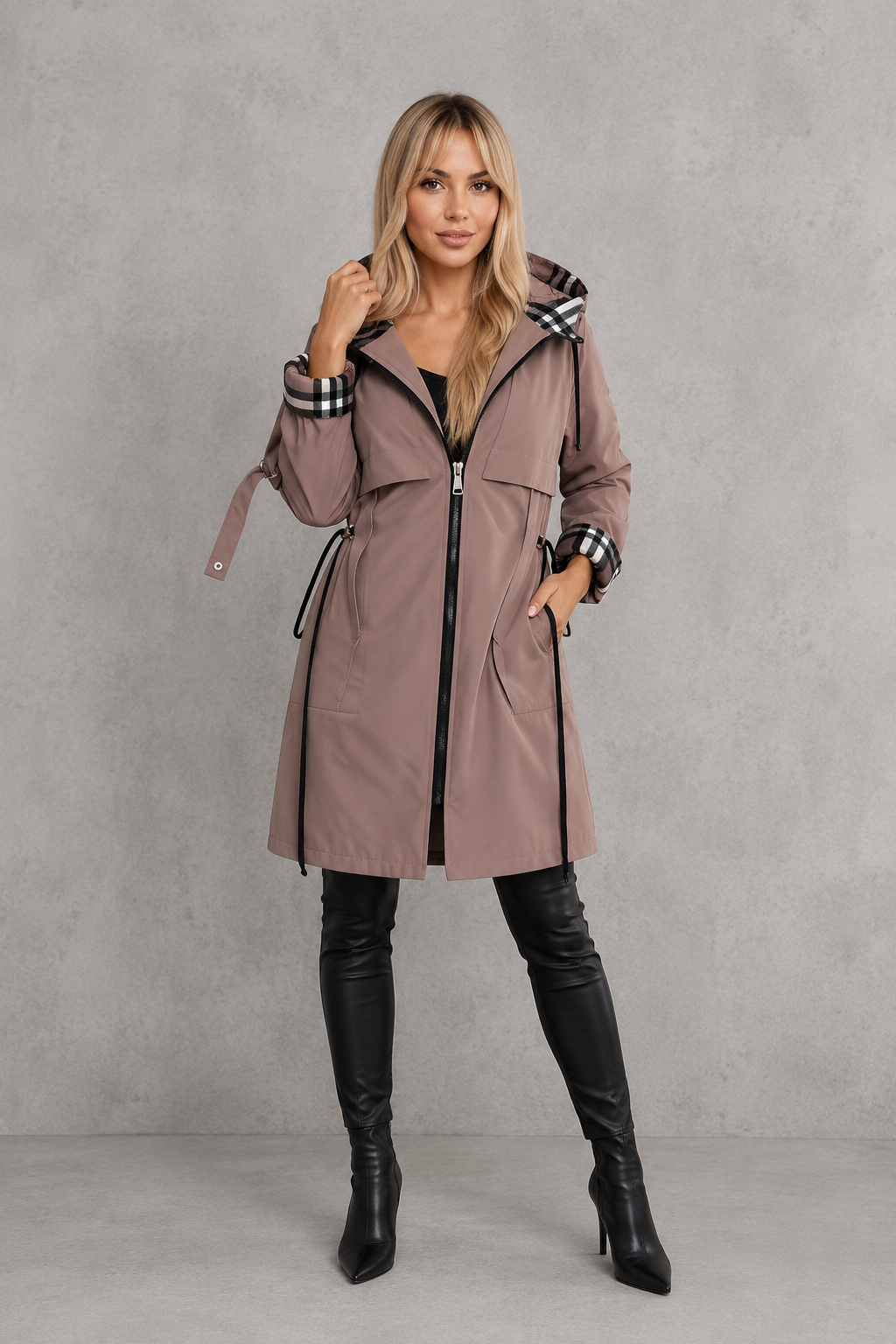 Waterproof Hooded Women's Jacket with Check Trim