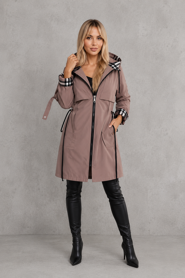 Waterproof Hooded Women's Jacket with Check Trim