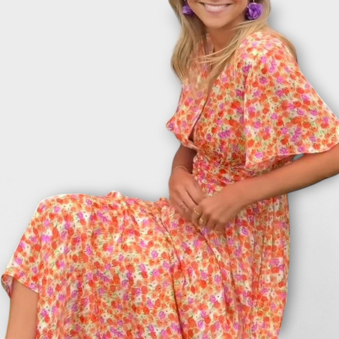 Classic Women's V-Neck Dress with Floral Pattern - Short Sleeve