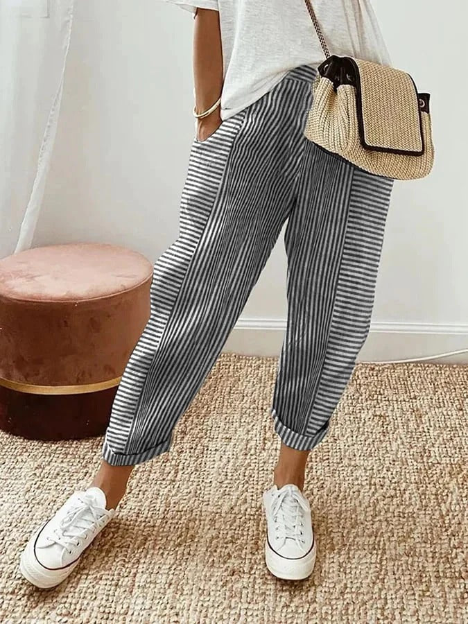 Lightweight Striped Women Cropped Summer Pants